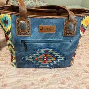 Montana West Denim Blue Aztec Tote with Brown Trim